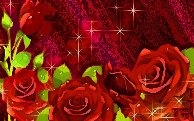 Red Roses with Green Leaves — Dramatic, Digital Art, Flowers