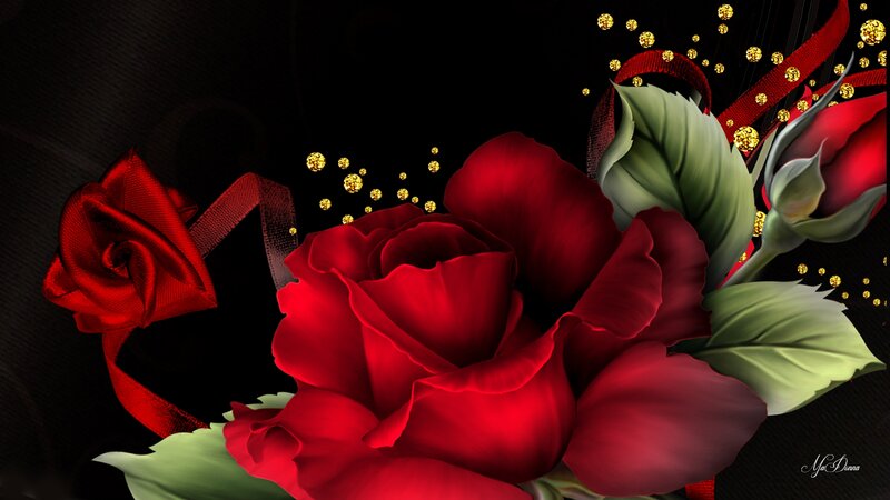 Red Roses with Green Leaves — Dramatic, Digital Art, Gold Sparkles