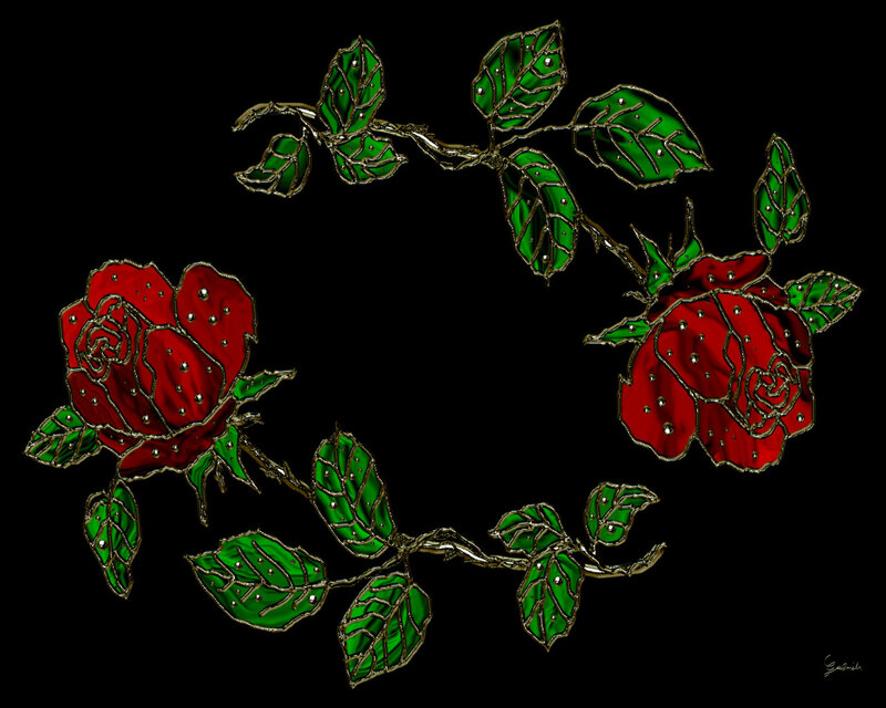 Red Roses with Green Leaves — Dramatic, Digital Art