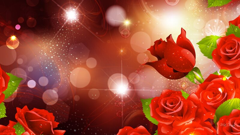 Red Roses with Green Leaves — Romantic