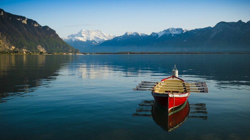 Red Rowboat on Lake — Blue, Serene
