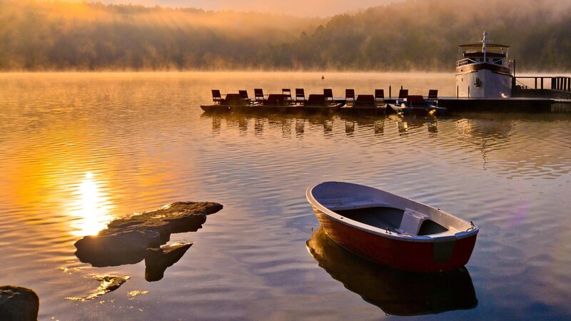 Red Rowboat on Lake — Gold