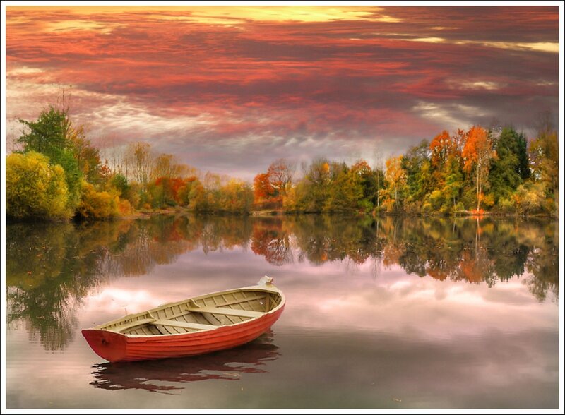 Red Rowboat on Lake — Orange