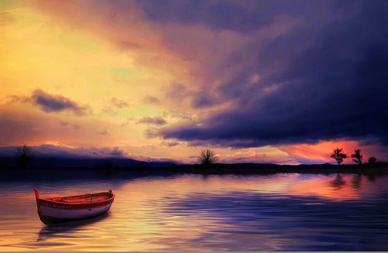 Red Rowboat on Lake — Purple