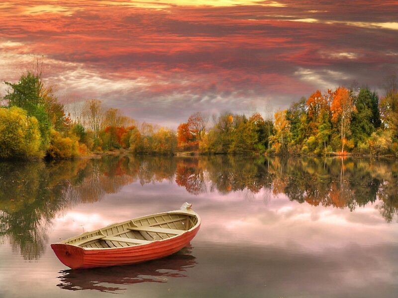 Red Rowboat on Lake