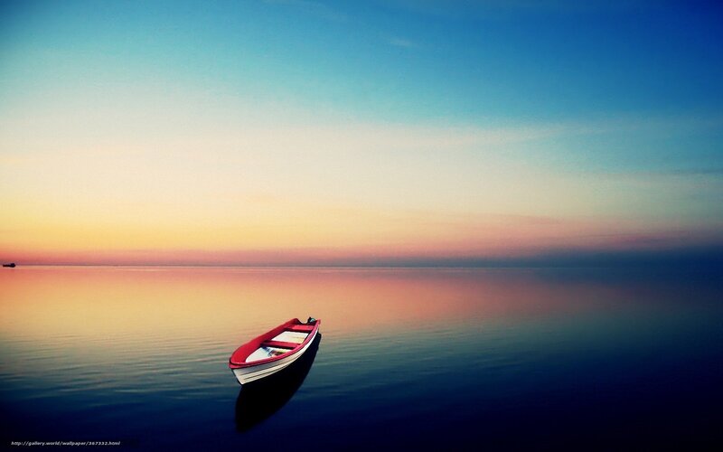 Red Rowboat on Water — Blue, Serene, Sunset