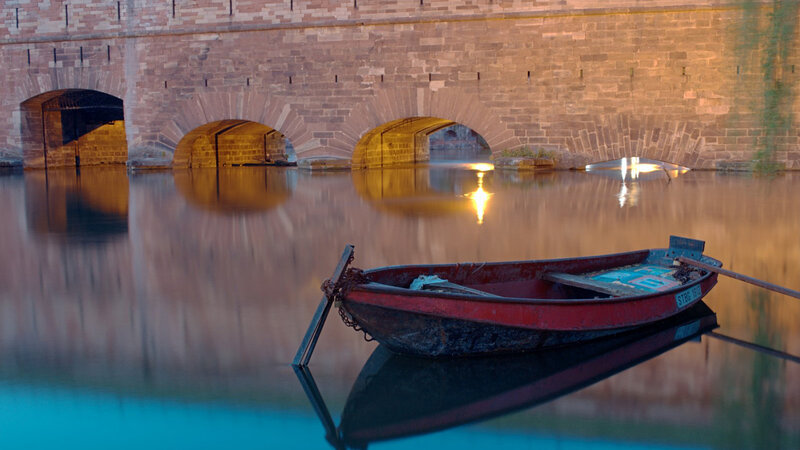 Red Rowboat on Water — Blue, Serene