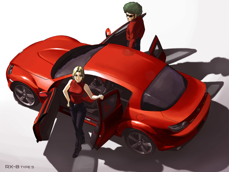 Red RX-8 car with characters
