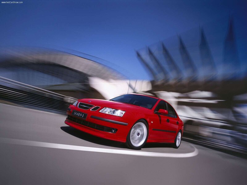 Red Saab 9-3 in motion