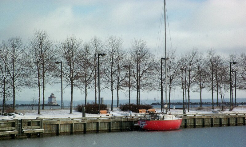 Red sailboat at winter marina