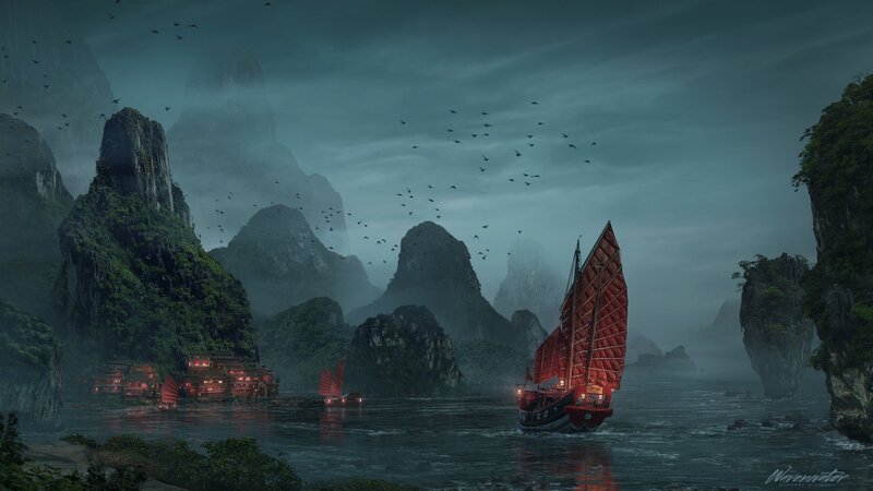 Red Sailboat in Mist