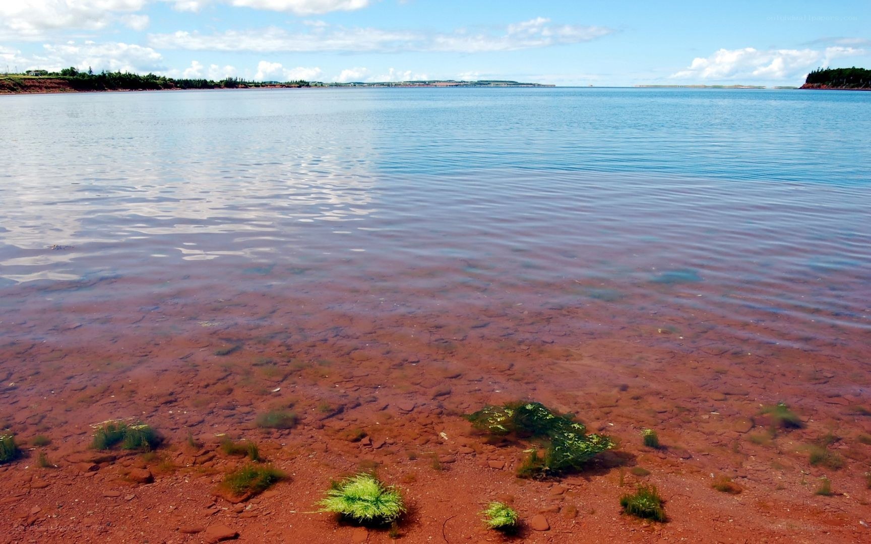 Red sand beach with calm water