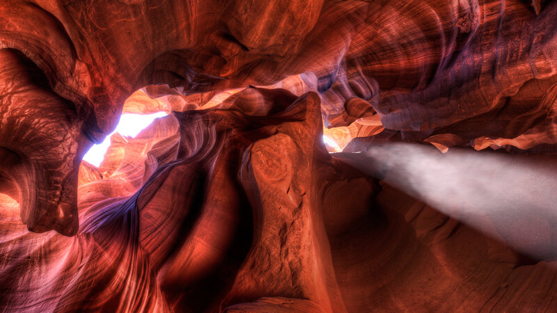 Red Sandstone Canyon — Dramatic, Photograph, Light Beam, Rock Formations, Cave