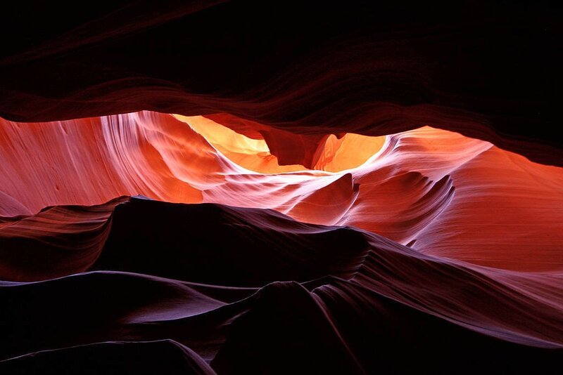 Red Sandstone Canyon — Dramatic, Photograph, Rock Formations, Light Beams, Shadows