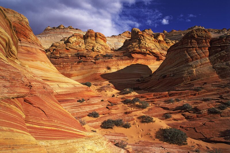Red Sandstone Formations — Dramatic, Afternoon, Photograph, Rock, Sand, Sky, Shrub