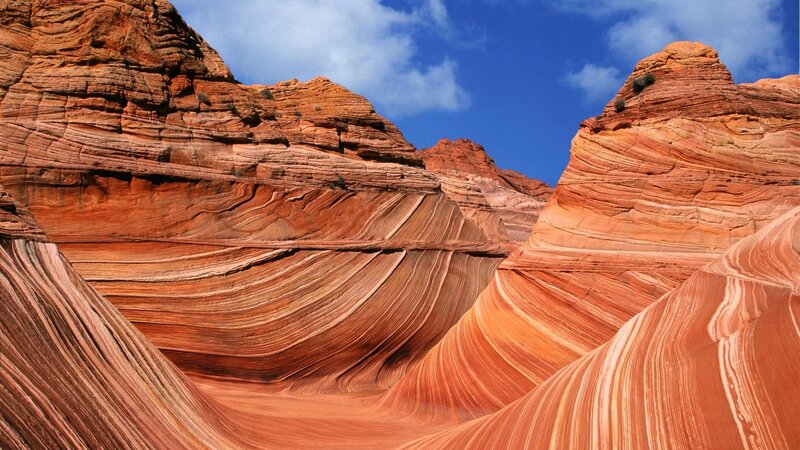 Red Sandstone Rock Formations — Orange, Dramatic, Afternoon, Photograph, Sky, Clouds, Blue, White