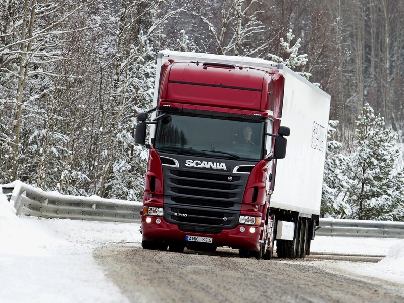 Red Scania Truck — Cold, Wintry