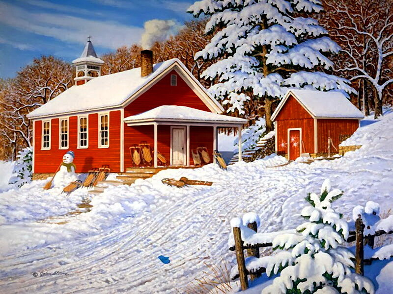 Red Schoolhouse in Snow — Peaceful