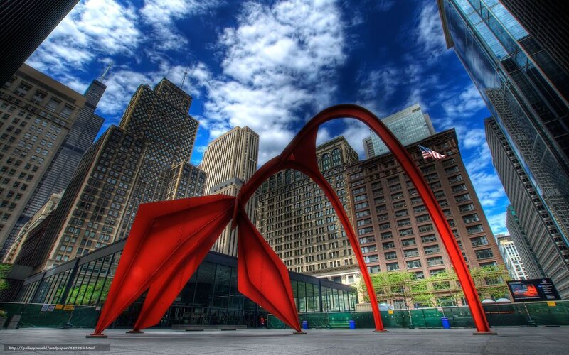 Red Sculpture in City — Dramatic, Afternoon