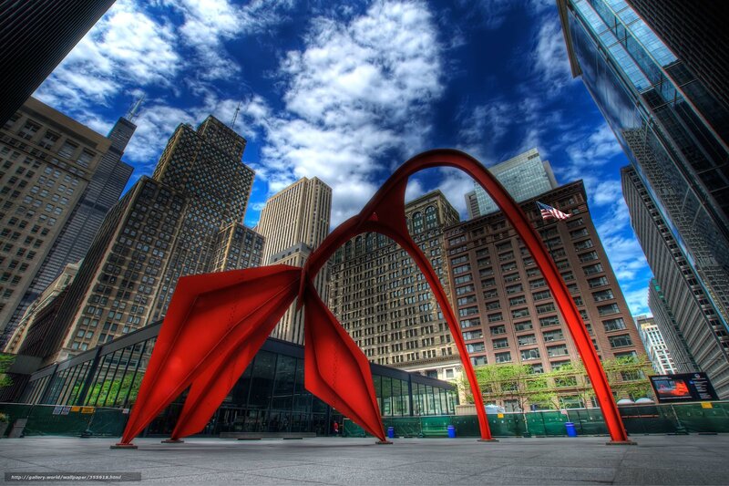 Red Sculpture in Plaza — Dramatic