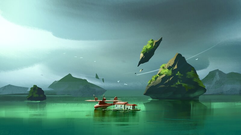 Red Seaplane on Water — Green