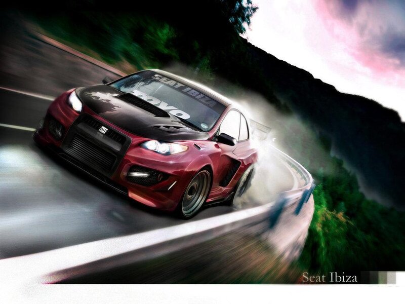 Red Seat Ibiza racing on a road