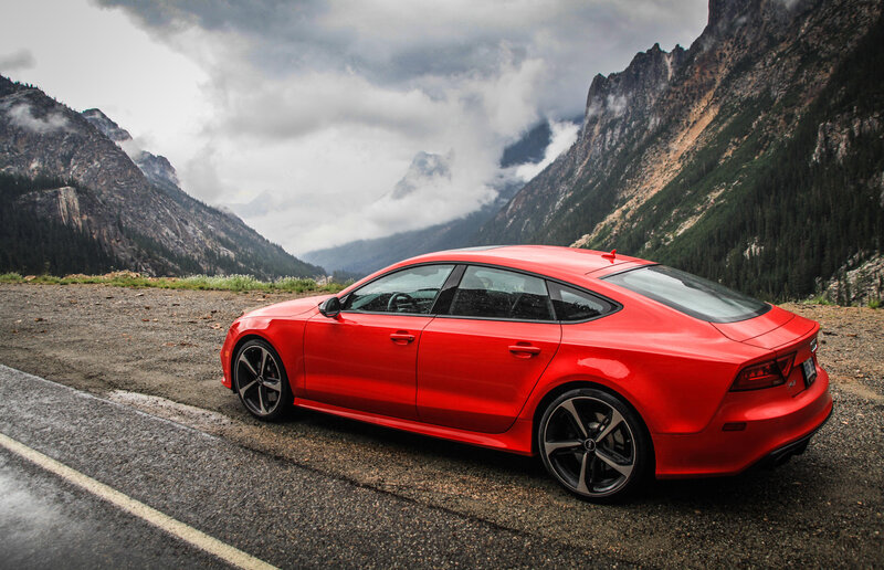 Red Sedan Car — Dramatic, Photograph, Mountains