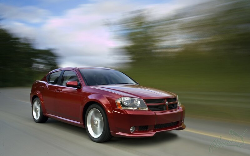 Red Sedan Car — Dynamic, Afternoon, Photograph, Road, Trees, Sky, Green, Blue