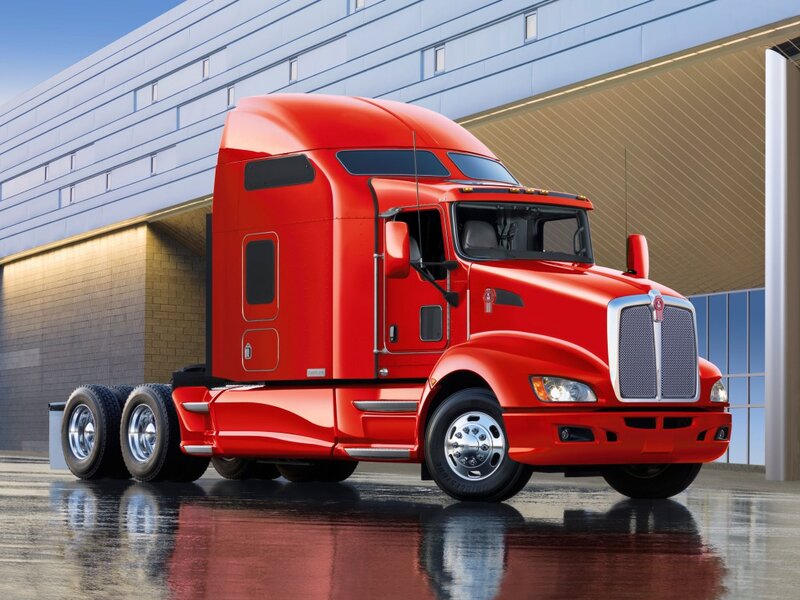 Red Semi-truck — Dramatic, Afternoon, Photograph, Building, Wet Pavement