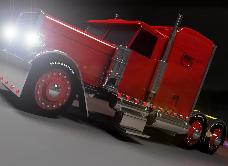 Red Semi-truck — Dramatic, Night, 3d Render