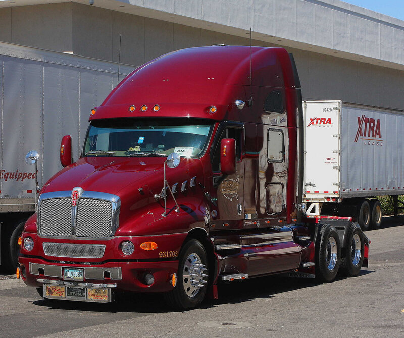 Red Semi-truck — Neutral, Afternoon, Photograph, Trailer, Building