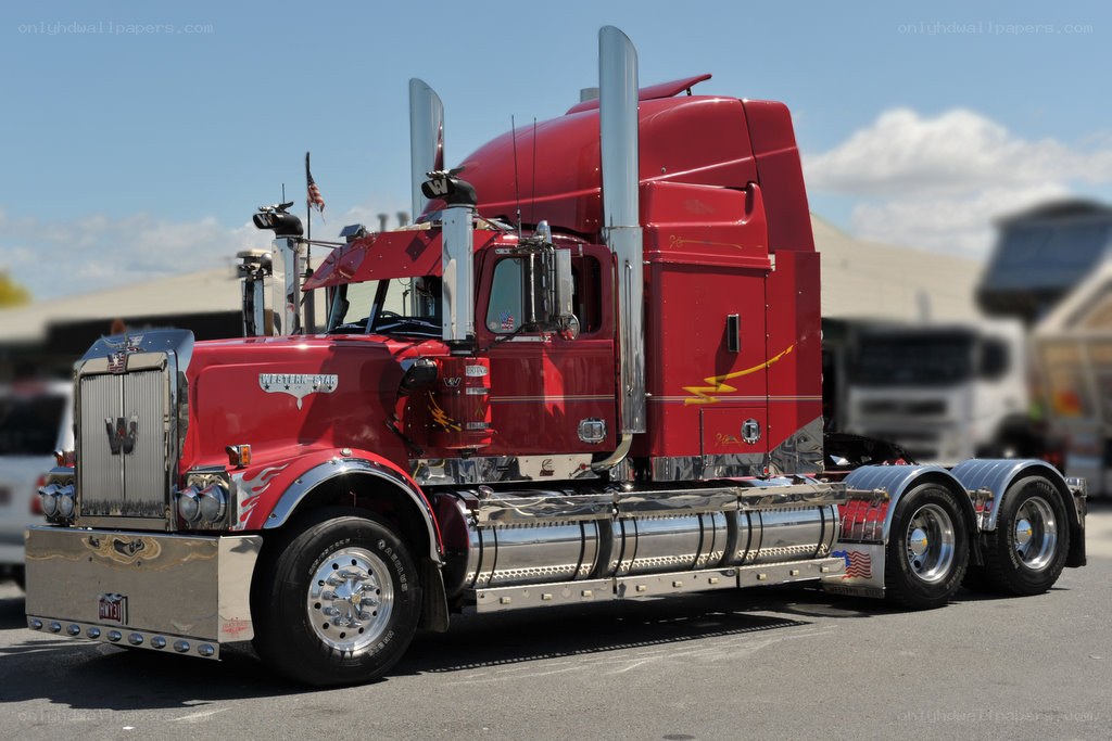 Red semi-truck on display