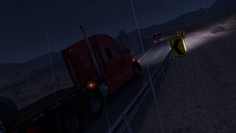 Red Semi-truck on Road — Dark, Rainy