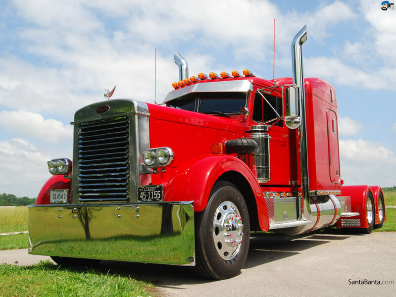 Red Semi-truck — Outdoor, Afternoon, Photograph, Grass