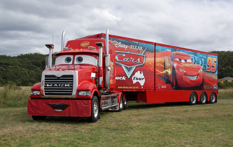 Red Semi-truck with Cartoon Design