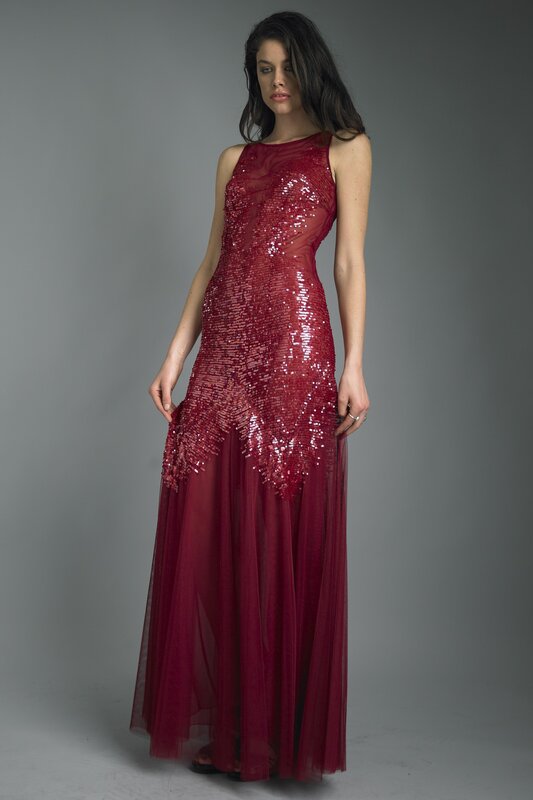 Red sequined evening gown