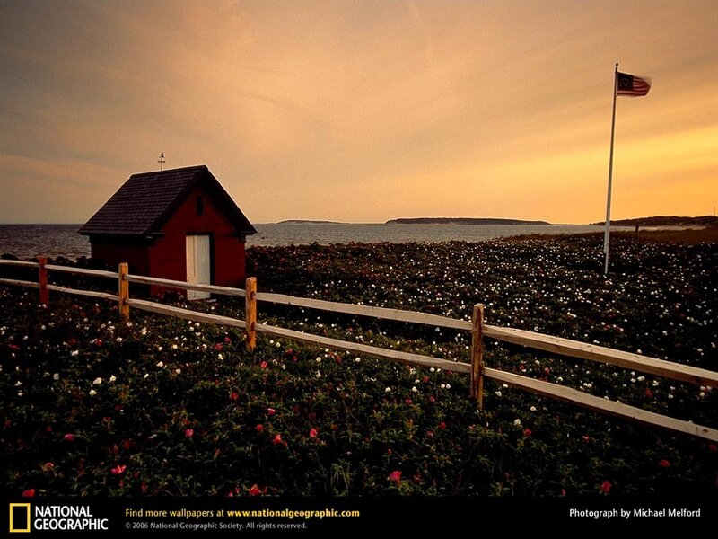 Red shed by the sea at sunset