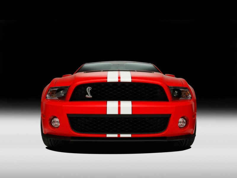Red Shelby Mustang — Dramatic, Photograph, White Racing Stripes, Black Grille, Headlights