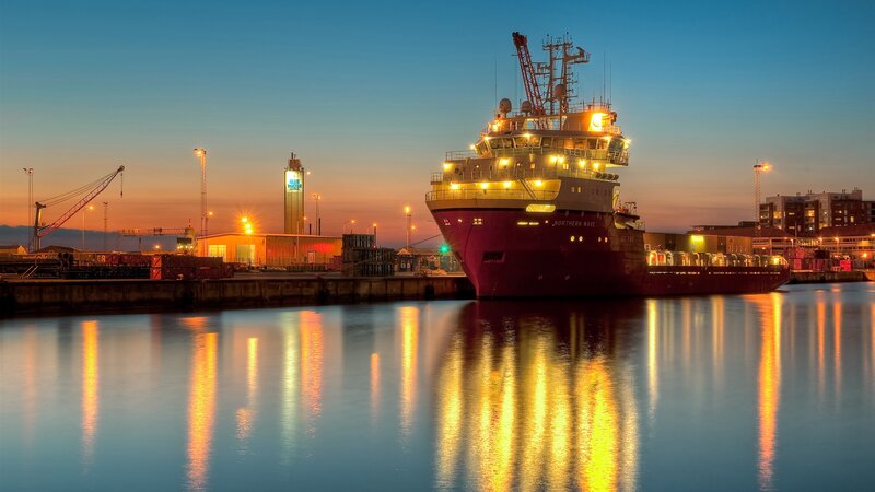Red Ship in Harbor