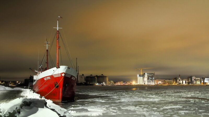 Red Ship in Icy Harbor — Cold