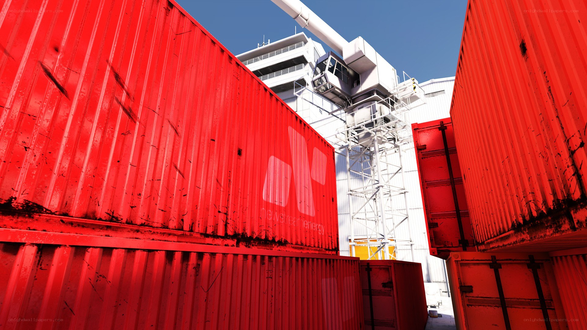 Red shipping containers at port