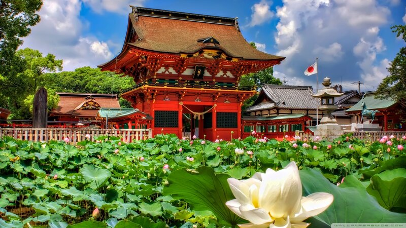 Red Shrine with Lotus Pond