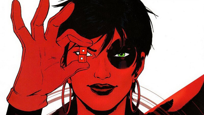 Red-skinned character with dice