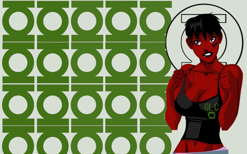 Red-skinned character with green symbols