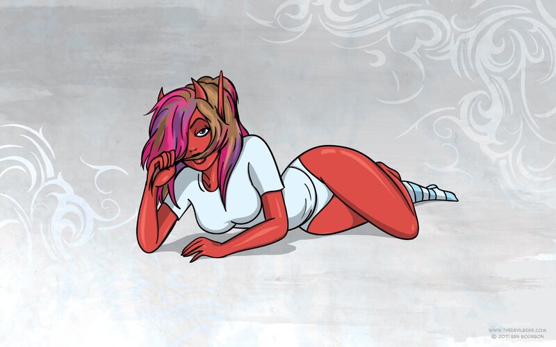 red-skinned demon girl lying down