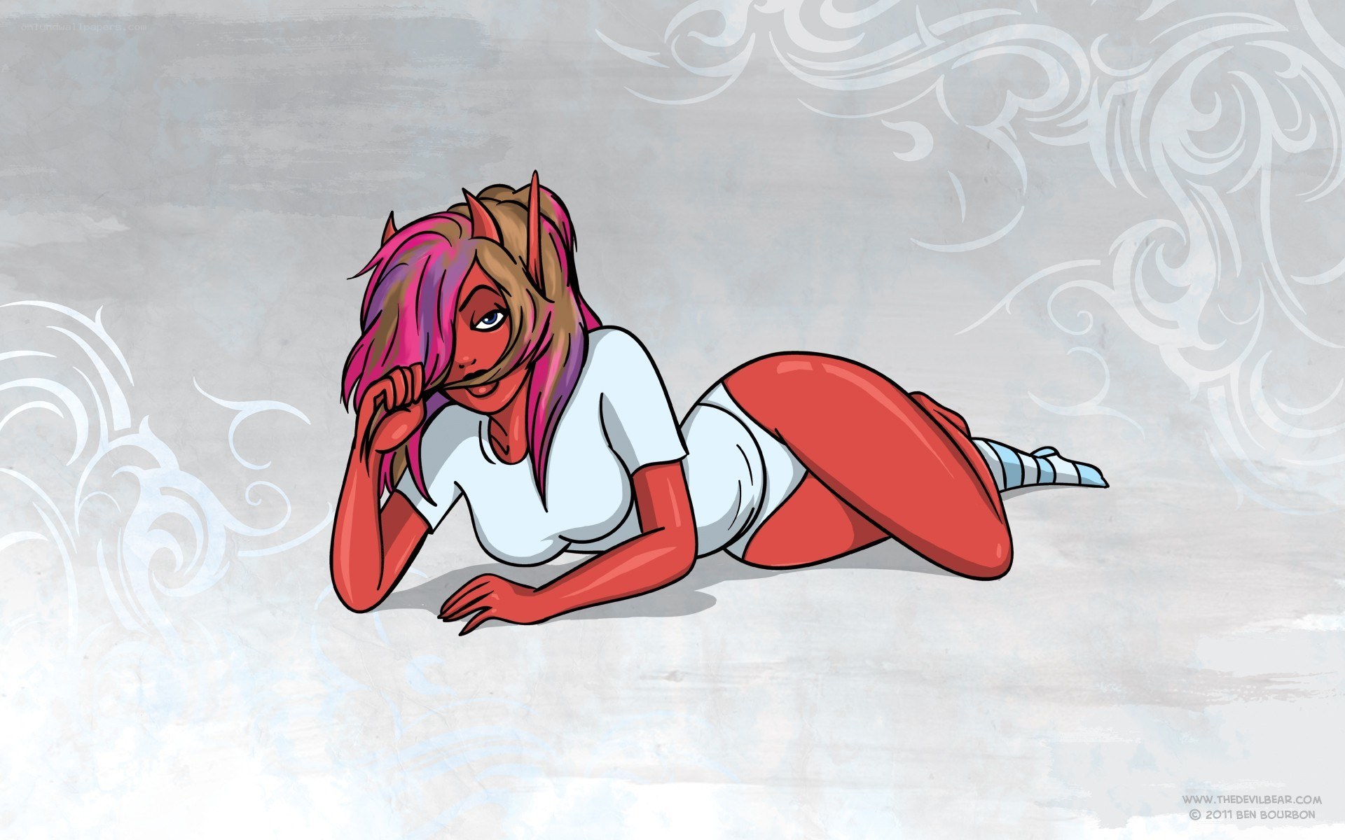 red-skinned demon girl lying down