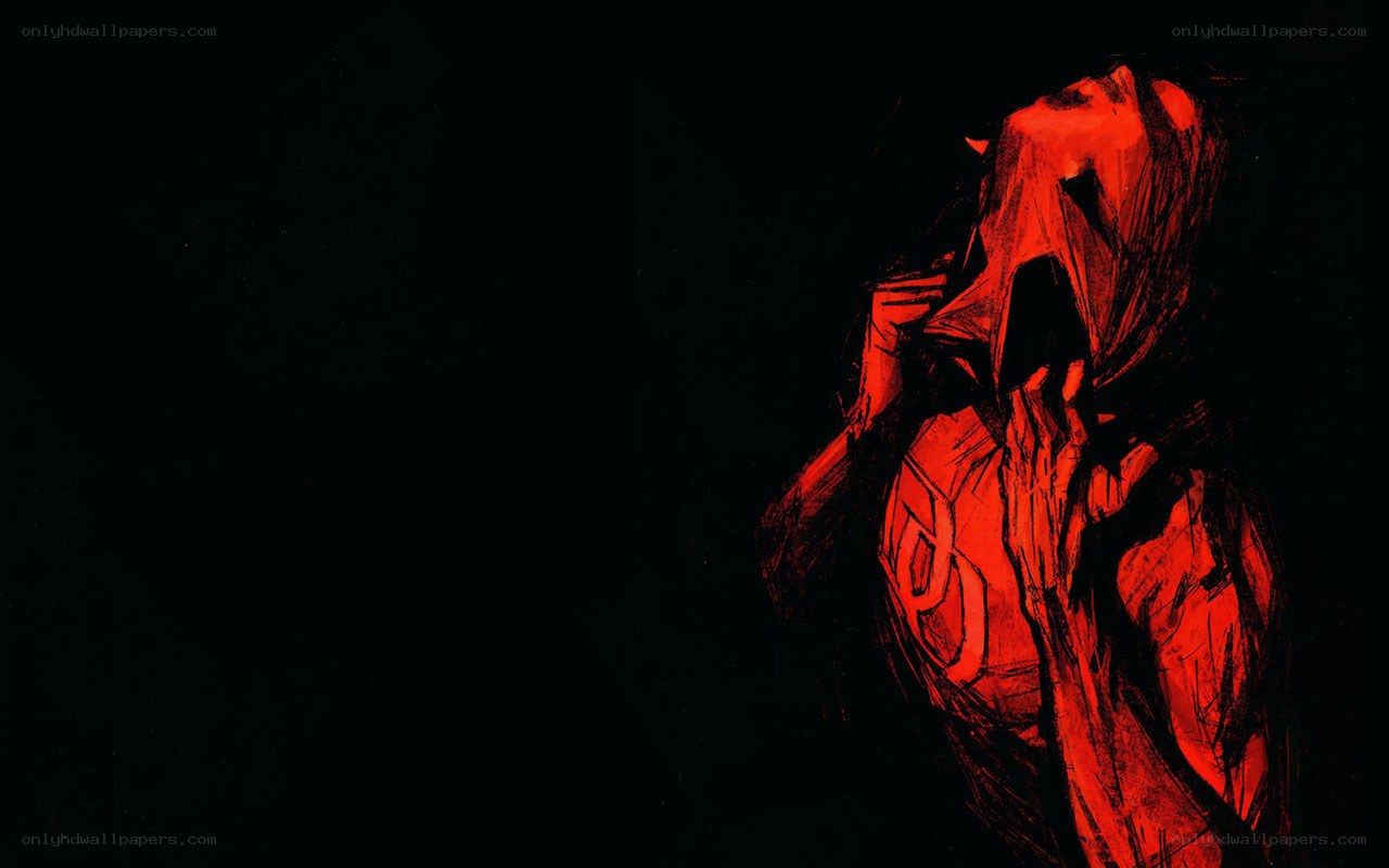 red-skinned figure in dark