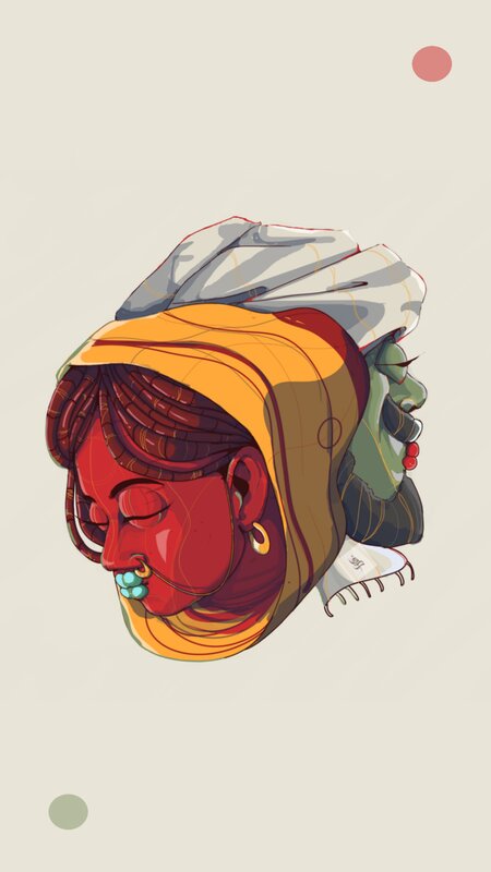 Red-skinned Woman in Headscarf