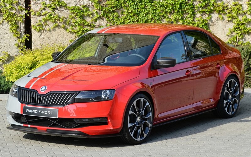 Red Skoda Rapid Sport sedan
