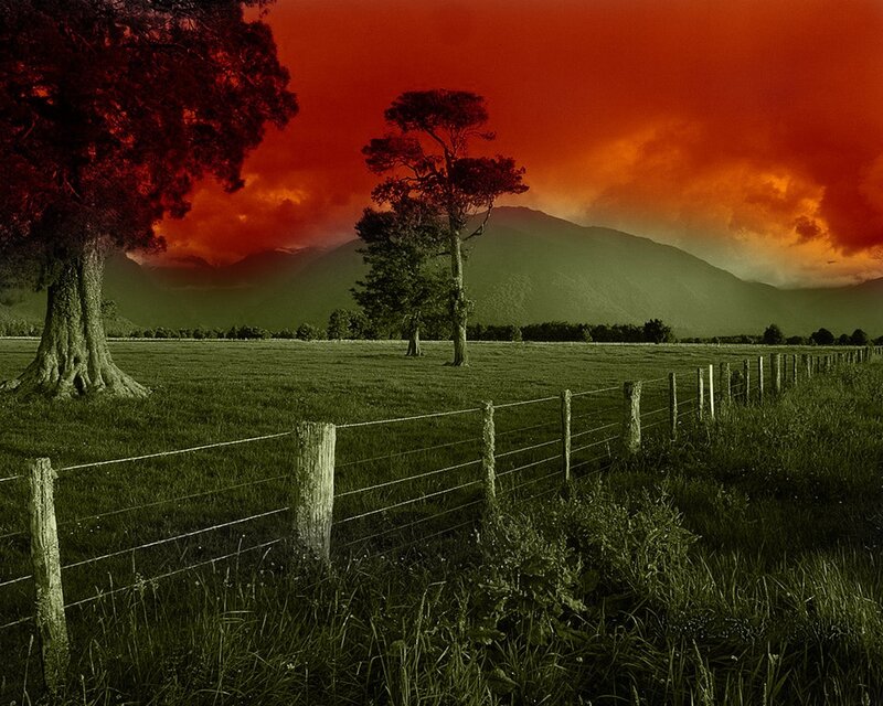 Red sky over a green field
